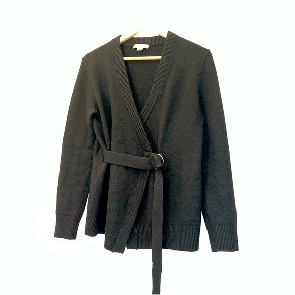 MICHAEL KORS COLLECTION cashmere wrap cardigan sweater black S belted tie waist - Picture 1 of 12